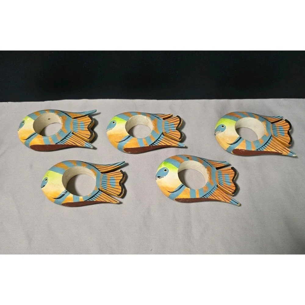 Tropical Fish Napkin Holders VTG Hand Carved Hand Painted 80s 90s